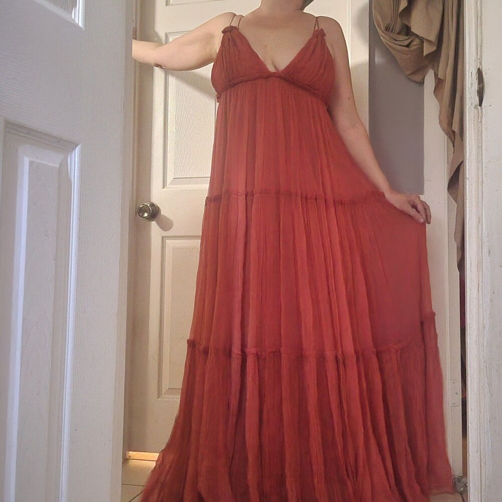 NWT BHLDN Anthropologie Amandine Chiffon Maxi dress Terra Cotta Boho Goddess 14